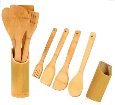 Kit Utensílios Bambu Cozinha 4 Peças Suporte Cor Madeira