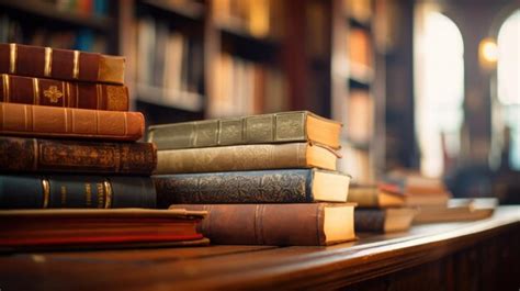 Pila De Libros Antiguos Sobre Una Mesa De Madera En La Biblioteca