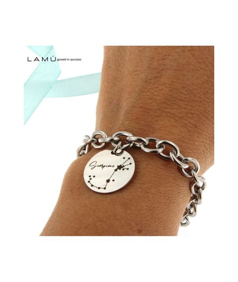 Bracciale In Acciaio Inox Con Charm Tondo Inciso Segno Zodiacale