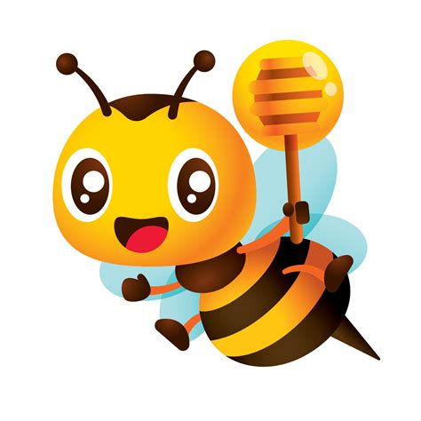 Cartoon Cute Bee Holding Honey Dipper With Honey Dripping Happy Honey