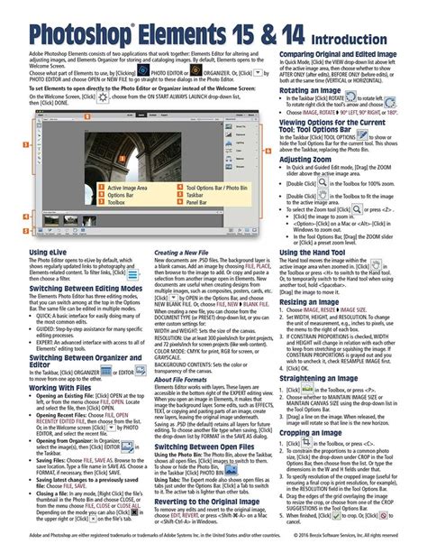 Adobe Photoshop Elements 15 And 14 Introduction Quick Reference Guide Cheat Sheet Of