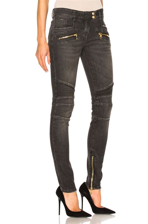 BALMAIN Skinny Moto Jeans In Gray FWRD