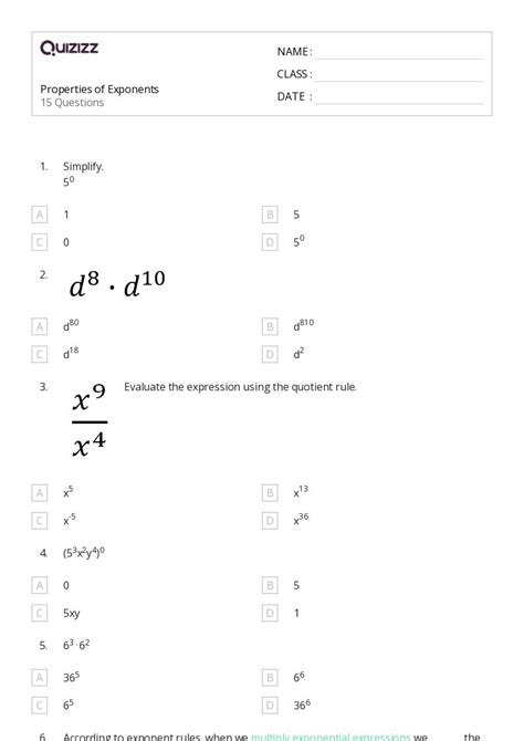 50 Properties Of Exponents Worksheets For 5th Grade On Quizizz Free And Printable