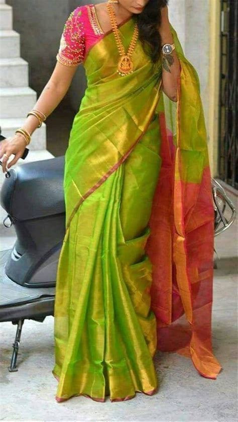 Uppada Tissue Saree In Green And Pink With Pink Blouse PH Handwave