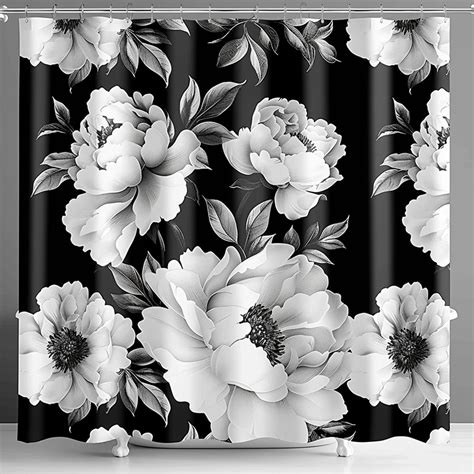 Black And White Peony Flower Pattern Shower Curtain Bathroom Curtain