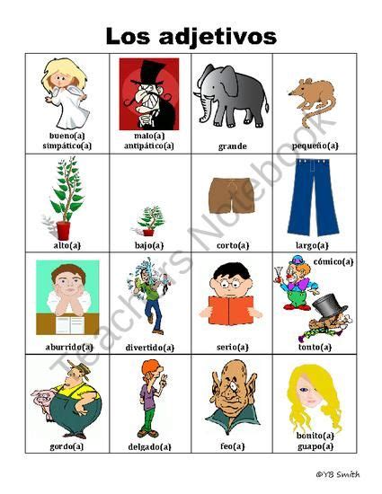 Spanish Adjective Picture Notes Product From Spanish The Easy Way On