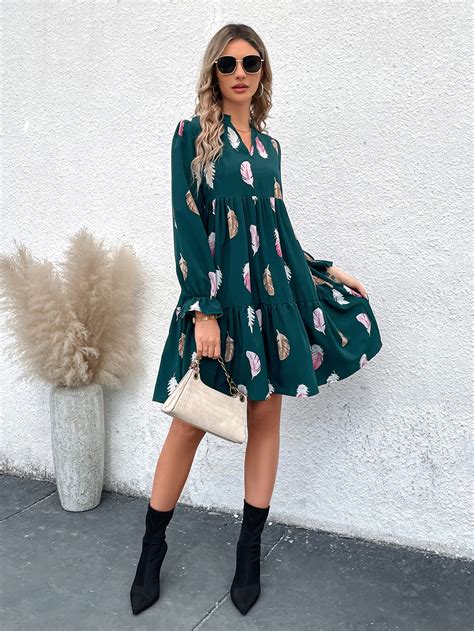 Shein Lune Feather Print Flounce Sleeve Ruffle Hem Smock Dress Shein Usa