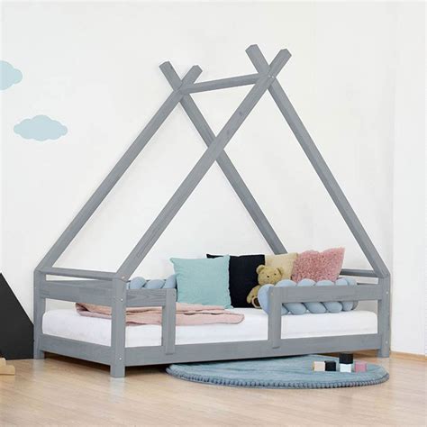 Lit Tipi Enfant Avec Barri Re Bois Massif Gris X Cm Pas Cher