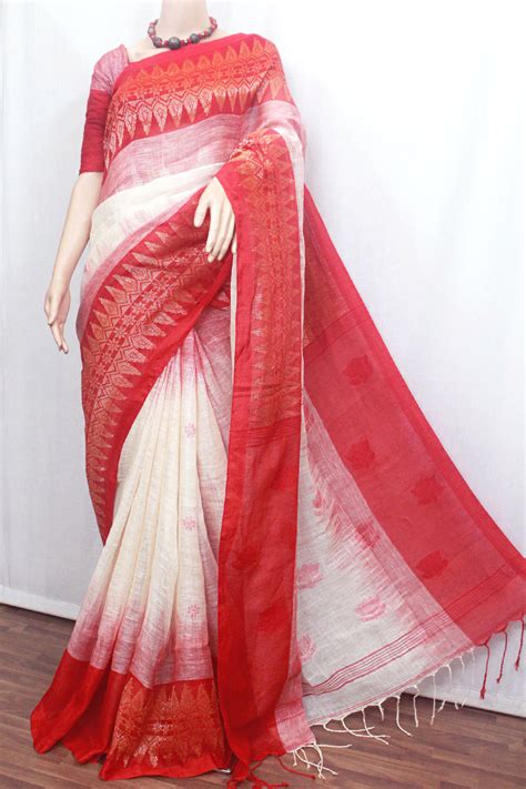 Red Border Linen Jamdani Saree Cream Color Linen Saree