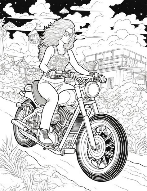 Coloriages D une Femme Conduisant Une Moto Sur Une Route Générative Ai