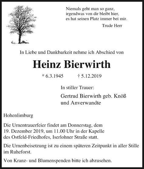 Traueranzeigen Von Heinz Bierwirth Trauer In NRW De