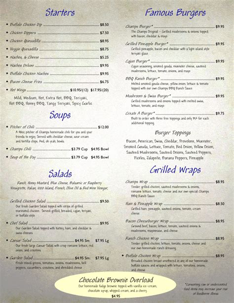 Restaurant Menu – Champs Cafe and Sports Bar