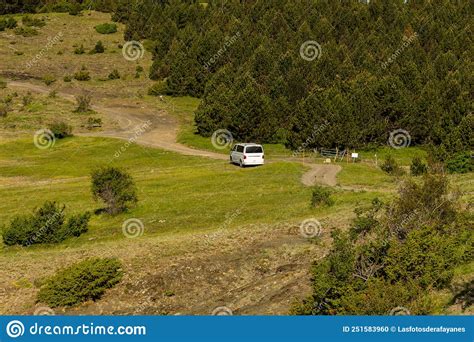 White Van In Green Valley Between Mountains Stock Photo Image Of