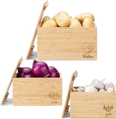 Navaris Bamboo Stackable Potato Onion Garlic Storage Set Of