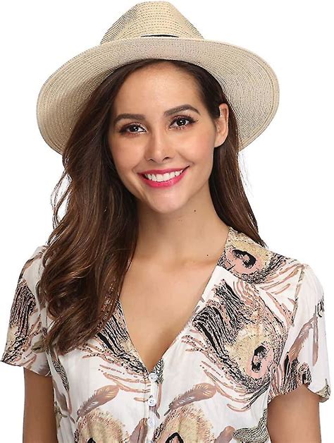 Women Wide Brim Straw Panama Roll Up Hat Belt Buckle Fedora Beach Sun