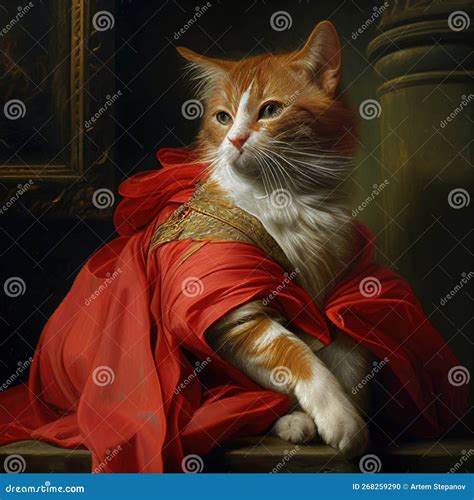 Noble Medieval Cat Imitation Of Van Dyck Proud Cat In A Red Cloak