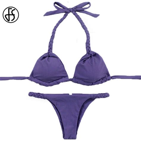 Fs Women Swimwear Weave Bikinis Set Purple Padded Swimsuits Halter