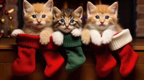 A Trio Of Christmas Kittens Peek Out From Stockings Hung Above A