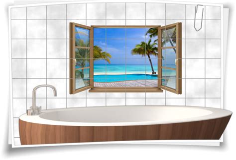 Fliesen Aufkleber Fliesen Bild Fenster Pool Palmen Strand Sand Meer