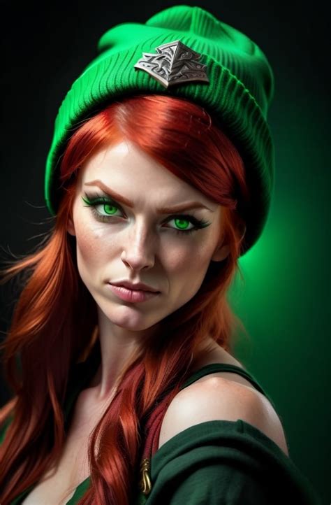 Evil Red Haired Warrior Woman Wearing A Green Beani