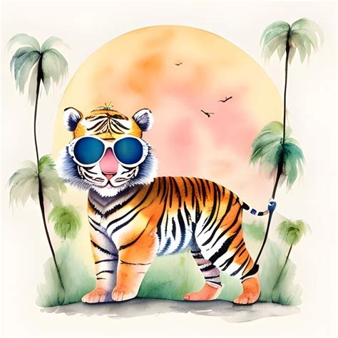 Premium AI Image | a watercolor illustration of tiger with sunglasses ...