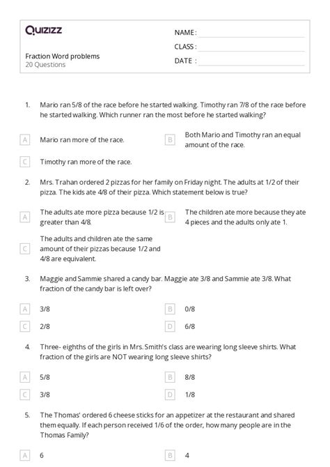 50 Fraction Word Problems Worksheets On Quizizz Free And Printable