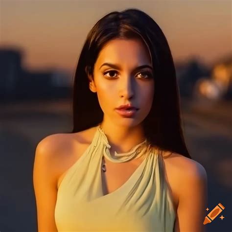 Portrait Of A Beautiful Latin Woman In A Yellow Dress At Sunset On Craiyon