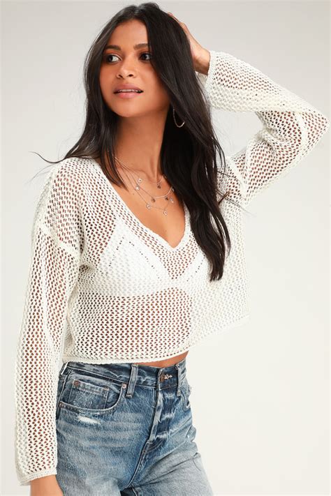 Cute Ivory Crochet Top V Neckline Sweater Light Sweater Top Lulus