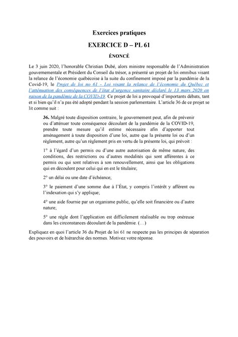 Exercice D PL 61 Énoncé Exercices pratiques EXERCICE D PL 61