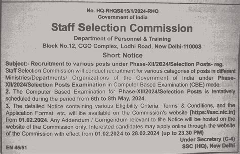 Ssc Selection Post Phase 12 Notification 2024 Online Apply Date Ssc