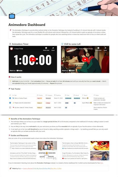 Notion Animedoro Dashboard Anime Notion Template Notions Study