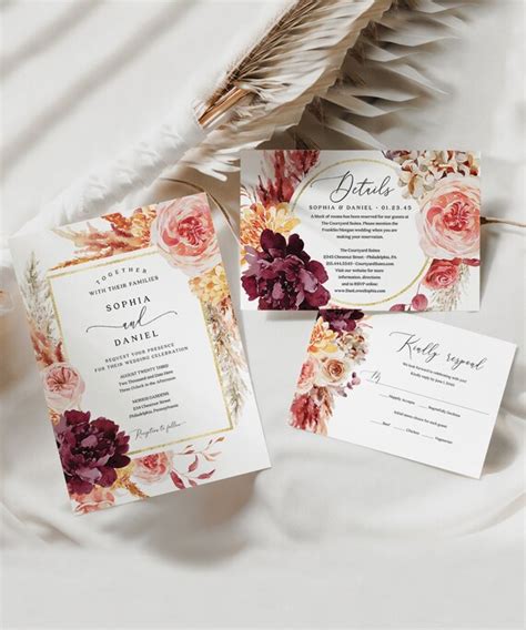 Boho Wedding Invitations Template Fully Editable Printable Wedding