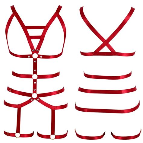 Strappy Body Harness Set Red Lingerie Elastic Cage Bralette Garter Belt