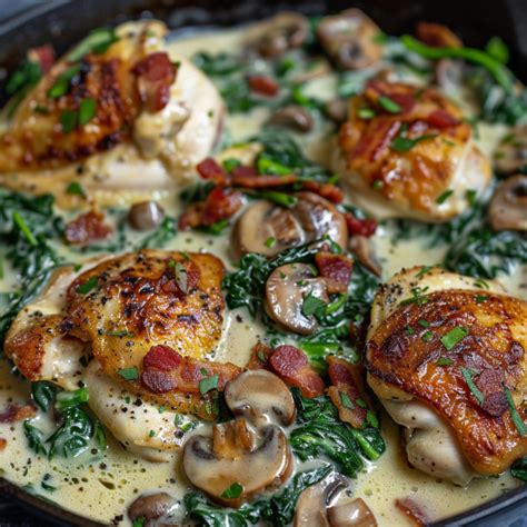 Smothered Chicken With Creamed Spinach Bacon And Mushrooms