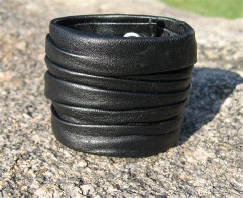 Mens Black Leather Cuff Bracelets Wristbands Crushed Sculpted Etsy