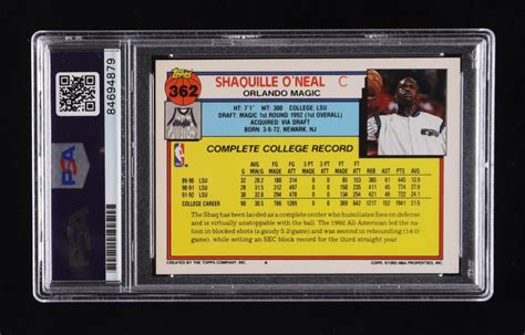 Shaquille O Neal Signed 1992 93 Topps 362 RC PSA Pristine Auction