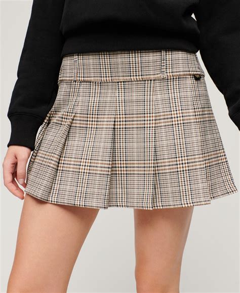 Womens Low Rise Pleated Mini Skirt In Neutral Tweed Superdry Uk