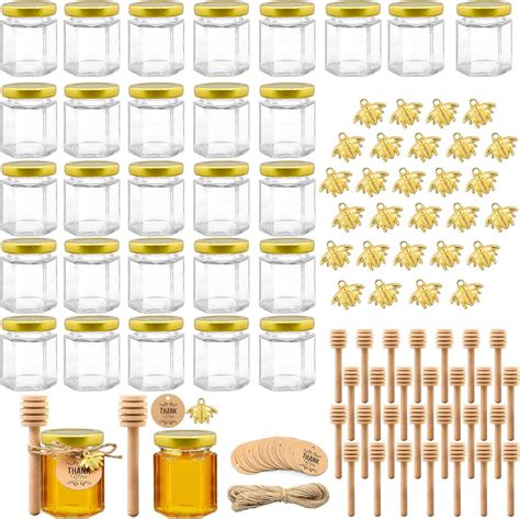 3 Oz Hexagon Mini Glass Honey Jars 30Pack Honey Jars With Wood Dipper