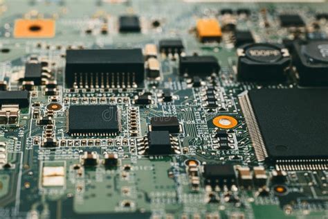 Close Up Printed Circuit Board With Electronics Components Macro