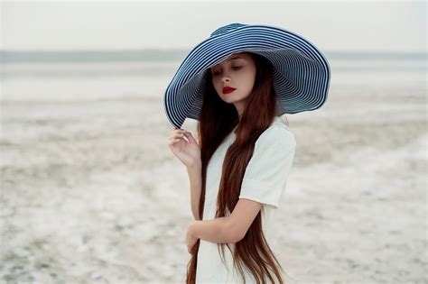 Wallpaper Women Outdoors Model Long Hair Hat Dress Blue Fashion Spring Skin Swimwear