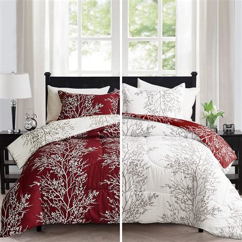 Flysheep Red Christmas Comforter Set Queen Size Branch Tree Floral