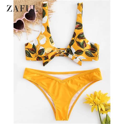 ZAFUL Knot Leaf Bikini Set Knotted Swimwear Women Swimsuit Scoop Neck