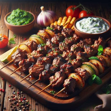 Premium Photo Grilled Meat And Vegetable Kebabs On The White Plate