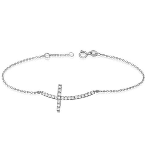 Diamond Sideways Curved Cross Ankle Bracelet 14k White Gold 050ct In595