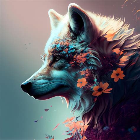 Premium AI Image Digital Painting Of A Wolf With Flowers In The Form