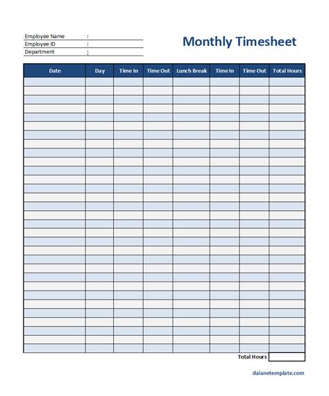 Free Printable Monthly Timesheet Template