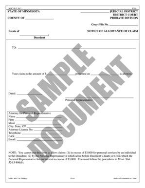 Fillable Online Minncle Notice Of Allowance Of Claim Minncle Fax