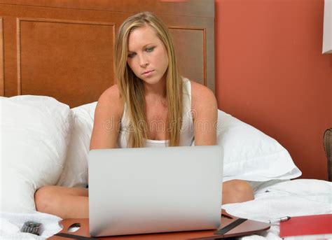 Attractive Blonde Woman In Bed With Laptop Stock Photo Image Of Beautiful Woman 43849852