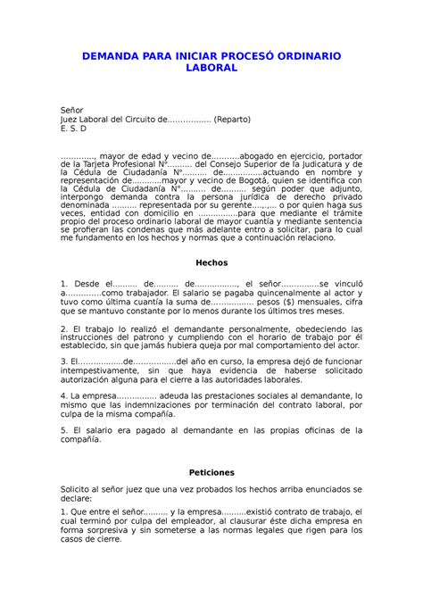 Minuta demanda laboral DEMANDA PARA INICIAR PROCESÓ ORDINARIO LABORAL