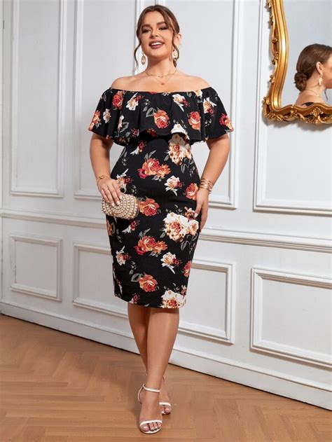 Shein Clasi Plus Floral Print Off Shoulder Ruffle Trim Dress Shein Usa